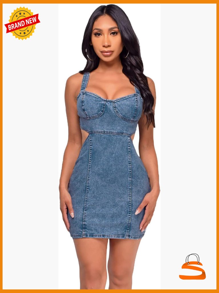 Sleeveless Denim Bodycon Mini Dress With Cut Out And Back Zip